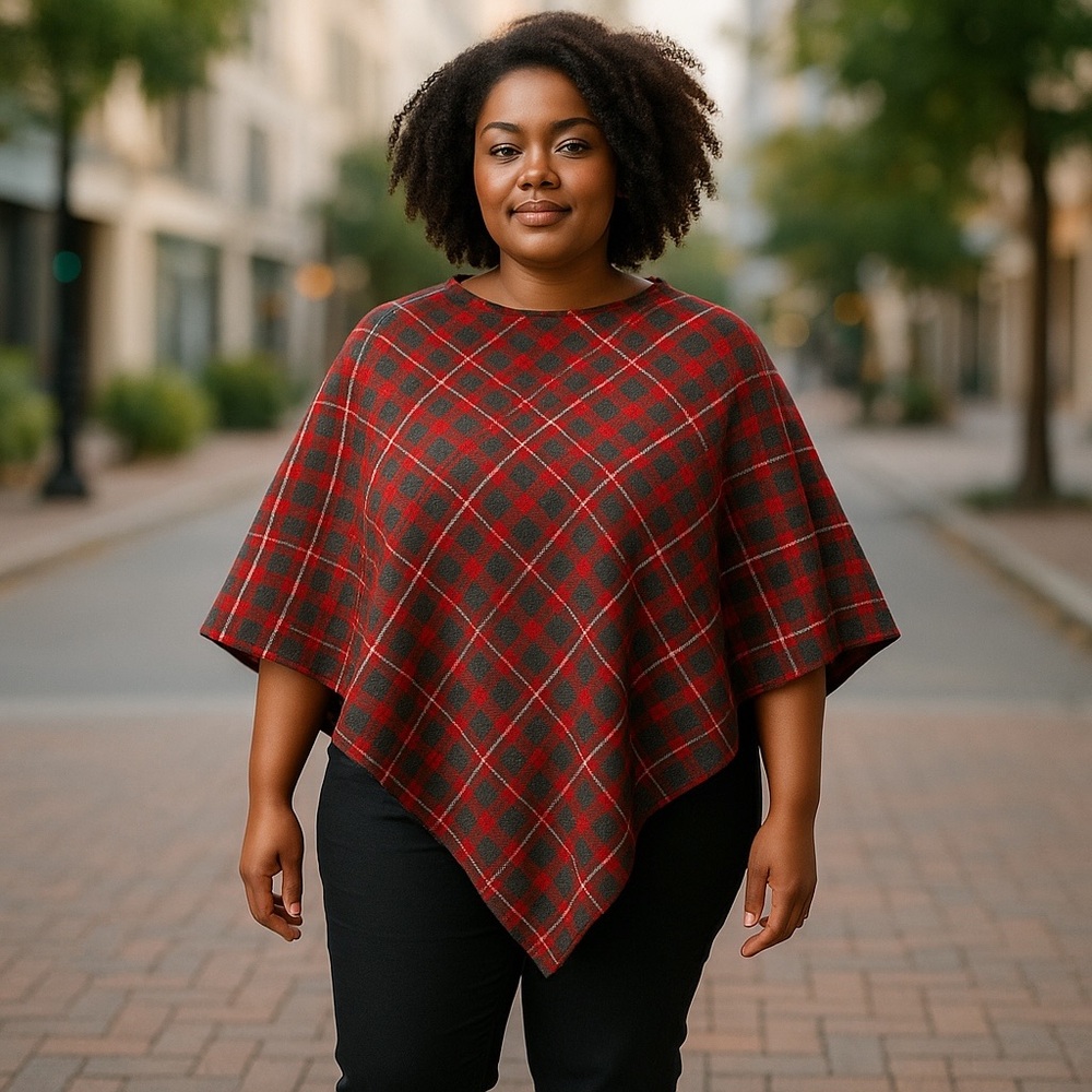 Fratelli Tallia Plaid Poncho - Red - Picture 3 of 4